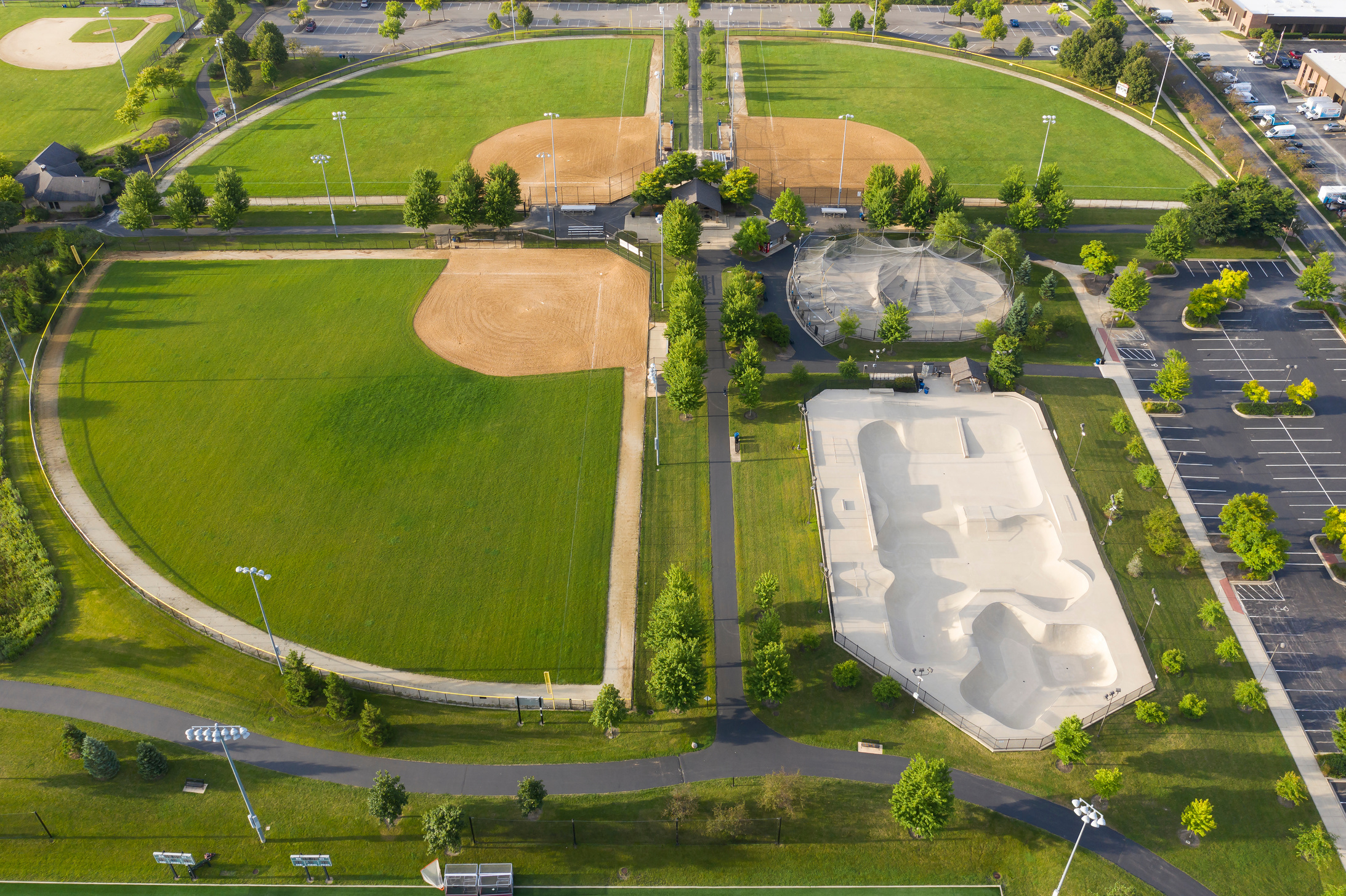 Aerial view of a suburban baseball/softball sports complex
